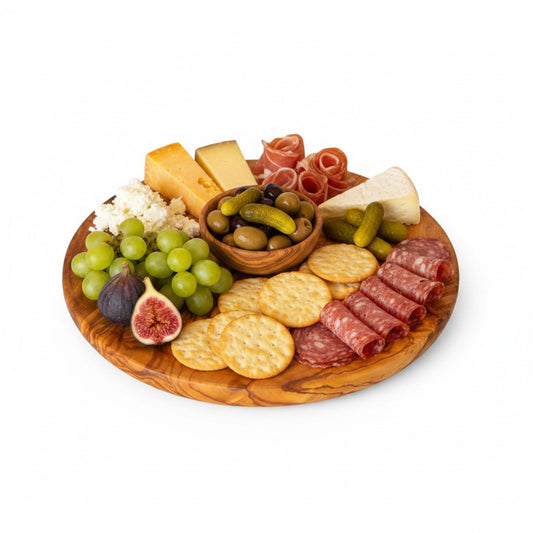 Olive Wood Circular Serving Board Platter | Round Wooden Charcuterie Tray Set