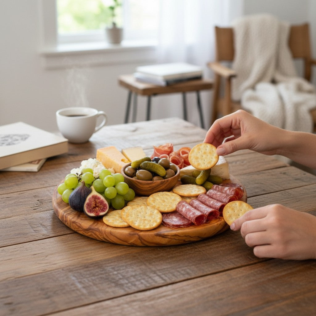 Olive Wood Circular Serving Board Platter | Round Wooden Charcuterie Tray Set