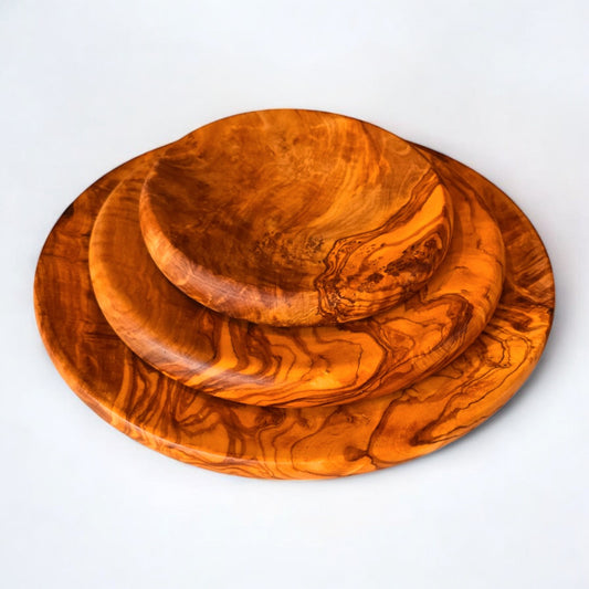 Olive Wood Set of 3 Round Wooden Plates with Round Edge, plate set, kitchen, restaurant, Sustainably Sourced, Eco-Friendly, handmade, gift