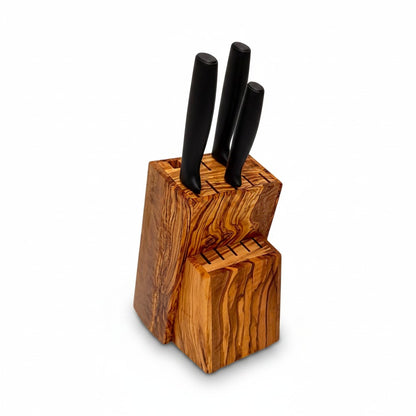 Handcrafted Olive Wood Knife Block Holder - Universal Countertop Organiser