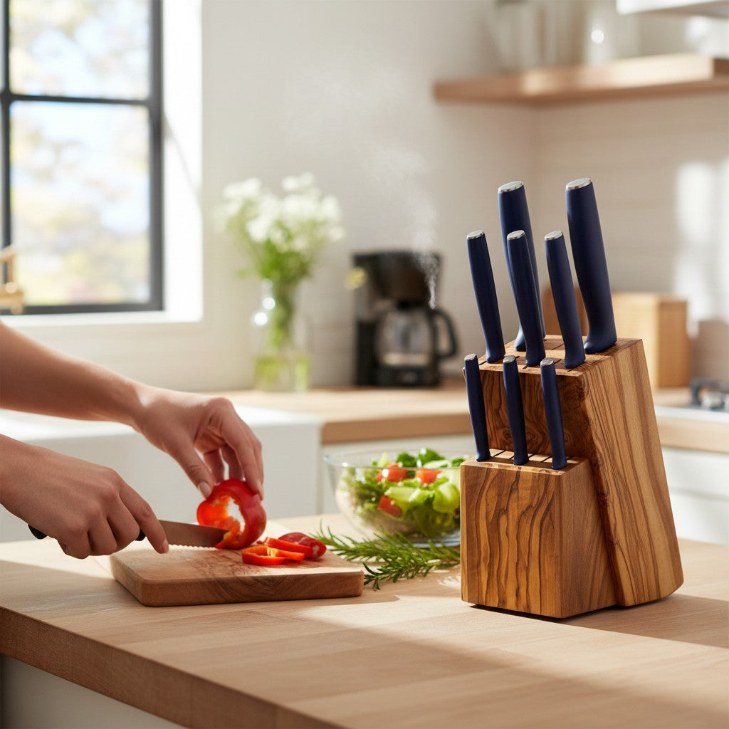 Handcrafted Olive Wood Knife Block Holder - Universal Countertop Organiser
