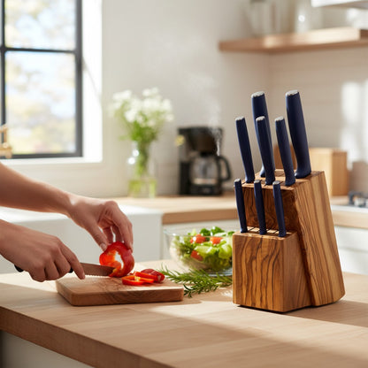 Handcrafted Olive Wood Knife Block Holder - Universal Countertop Organiser