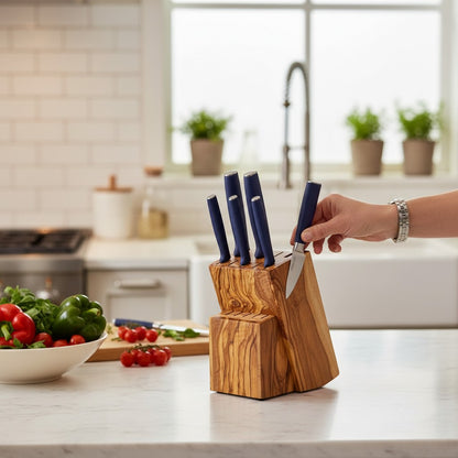 Handcrafted Olive Wood Knife Block Holder - Universal Countertop Organiser