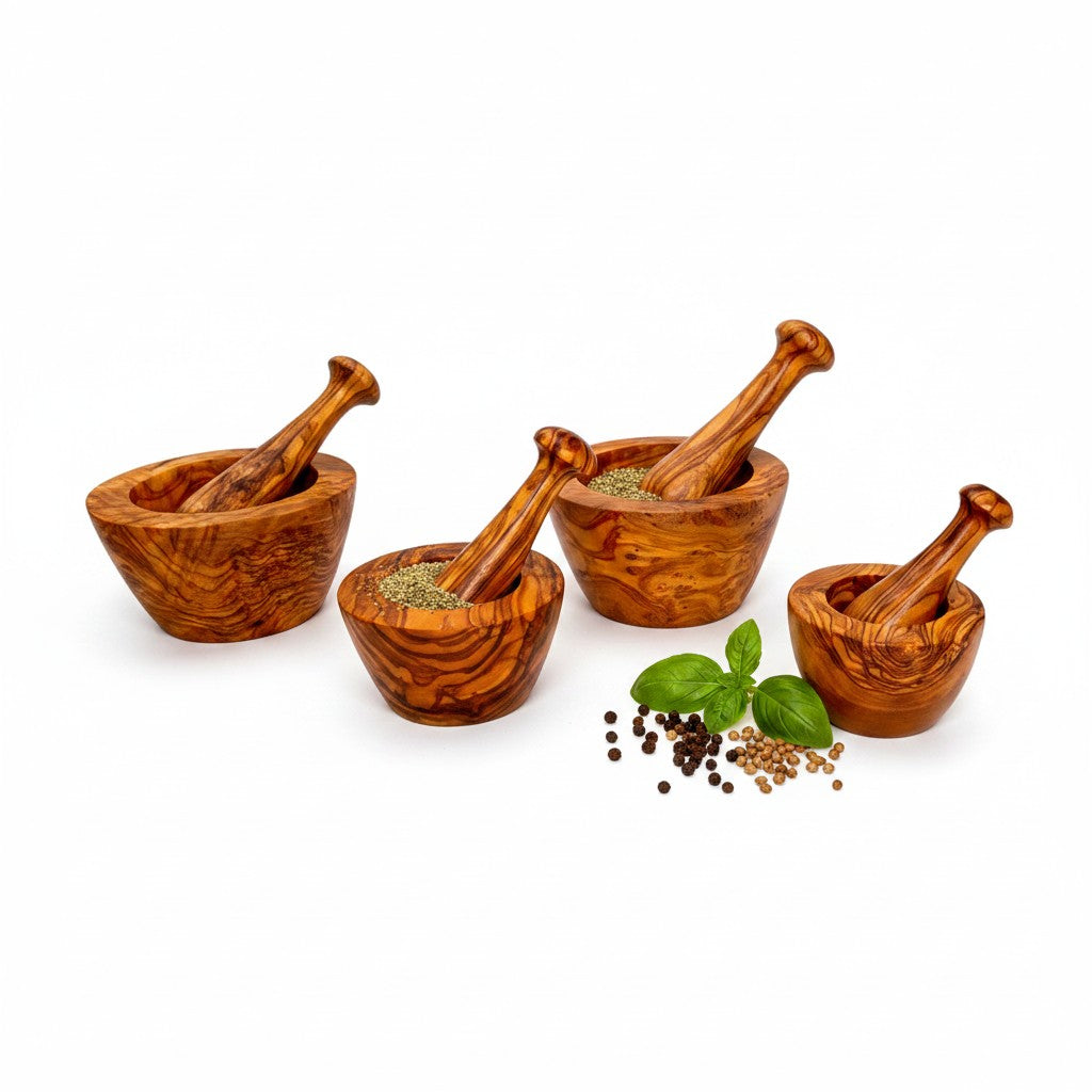 Artisan Olive Wood Mortar and Pestle Set – Hand-Carved Natural Spice Grinder & Herb Crusher – Rustic Kitchen Essential (Sizes 8cm to 16cm)