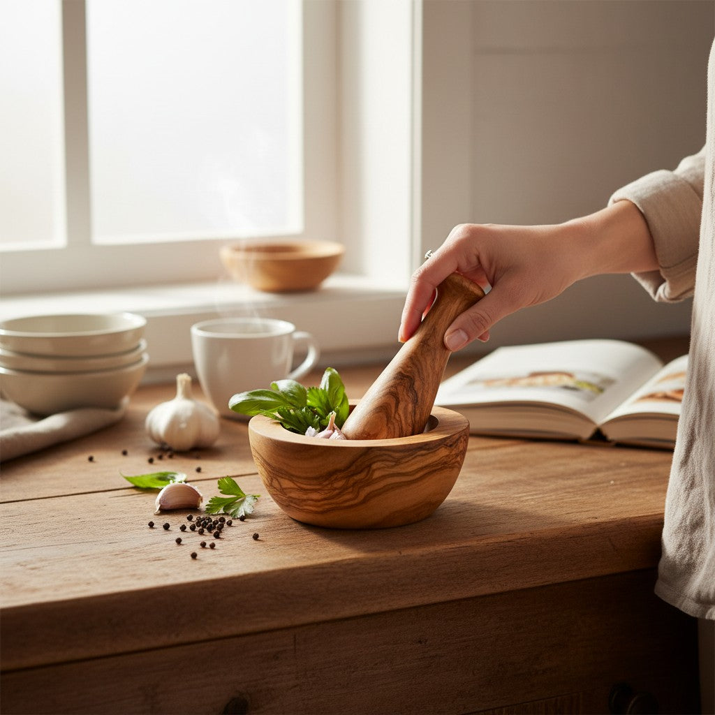 Artisan Olive Wood Mortar and Pestle Set – Hand-Carved Natural Spice Grinder & Herb Crusher – Rustic Kitchen Essential (Sizes 8cm to 16cm)