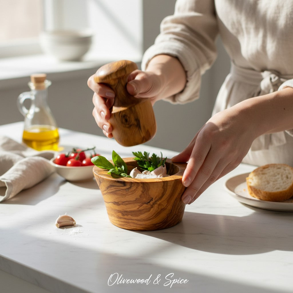 Handmade Olive Wood Large Mortar and Pestle Set | Wide Deep Garlic Spice & Herb Grinder with Mushroom Pestle | Unique Natural Grain | 12–16 cm
