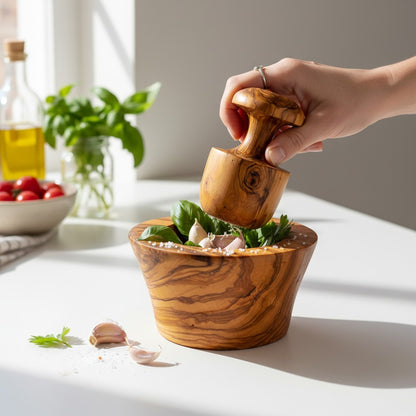 Handmade Olive Wood Large Mortar and Pestle Set | Wide Deep Garlic Spice & Herb Grinder with Mushroom Pestle | Unique Natural Grain | 12–16 cm