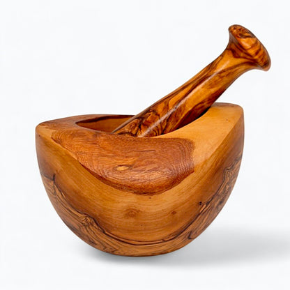 Olive Wood Natural Style Pestle & Mortar | Garlic, Herb, Seed Crusher | Unique Housewarming Kitchen Gift Idea | Various Sizes