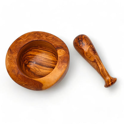 Olive Wood Natural Style Pestle & Mortar | Garlic, Herb, Seed Crusher | Unique Housewarming Kitchen Gift Idea | Various Sizes