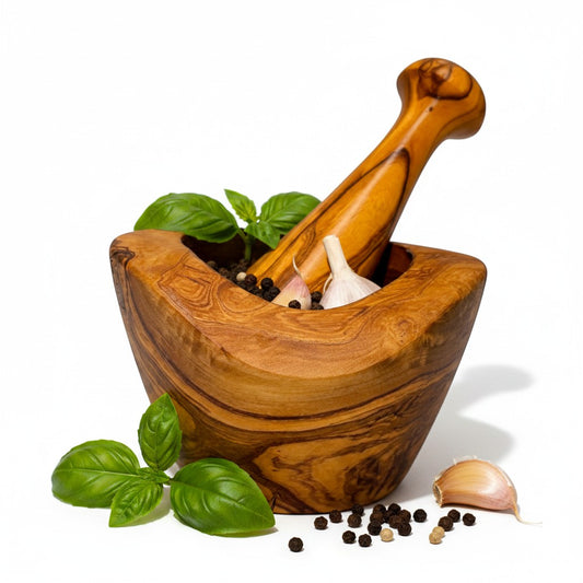 Handmade Olive Wood Square-Top Mortar and Pestle Set | Deep Herb Spice Garlic & Pesto Grinder | Unique Natural Grain | 8–16 cm