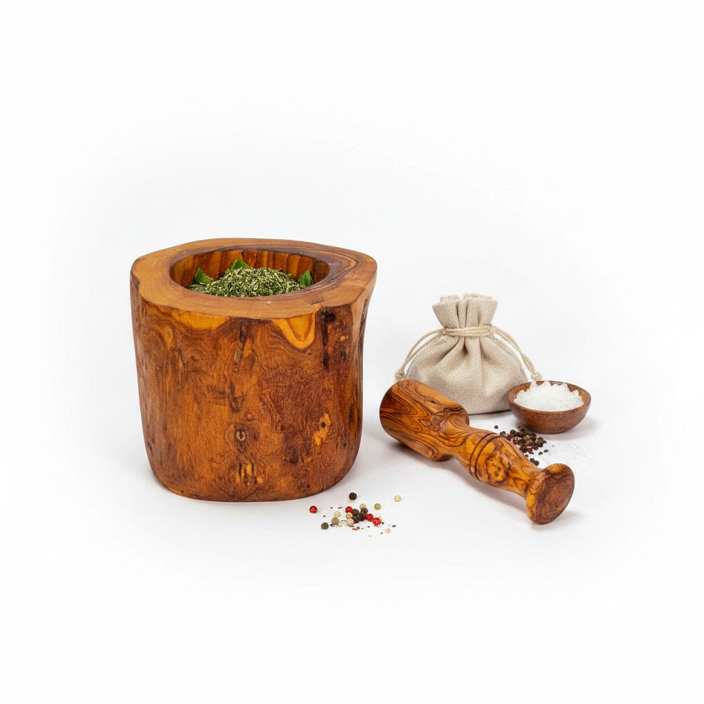 Handmade Olive Wood Burl Mortar and Pestle Set | Rare Cylindrical Spice Herb & Garlic Grinder | Extraordinary Natural Grain | 9–16 cm