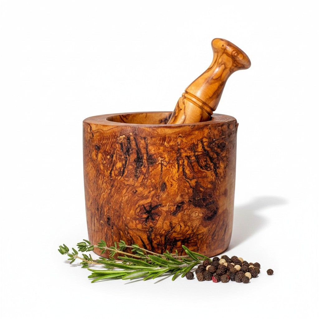 Handmade Olive Wood Burl Mortar and Pestle Set | Rare Cylindrical Spice Herb & Garlic Grinder | Extraordinary Natural Grain | 9–16 cm