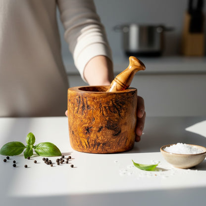 Handmade Olive Wood Burl Mortar and Pestle Set | Rare Cylindrical Spice Herb & Garlic Grinder | Extraordinary Natural Grain | 9–16 cm
