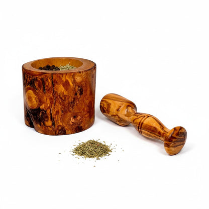 Handmade Olive Wood Burl Mortar and Pestle Set | Rare Cylindrical Spice Herb & Garlic Grinder | Extraordinary Natural Grain | 9–16 cm