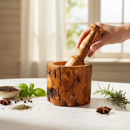 Handmade Olive Wood Burl Mortar and Pestle Set | Rare Cylindrical Spice Herb & Garlic Grinder | Extraordinary Natural Grain | 9–16 cm