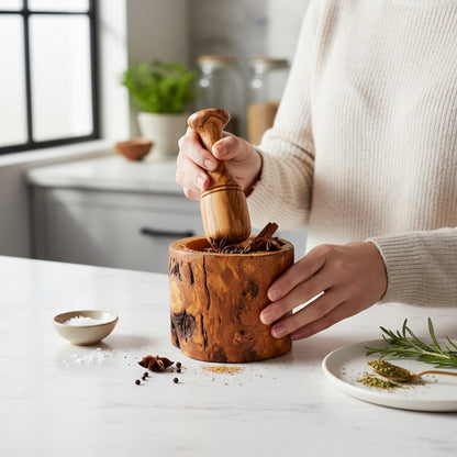 Handmade Olive Wood Burl Mortar and Pestle Set | Rare Cylindrical Spice Herb & Garlic Grinder | Extraordinary Natural Grain | 9–16 cm