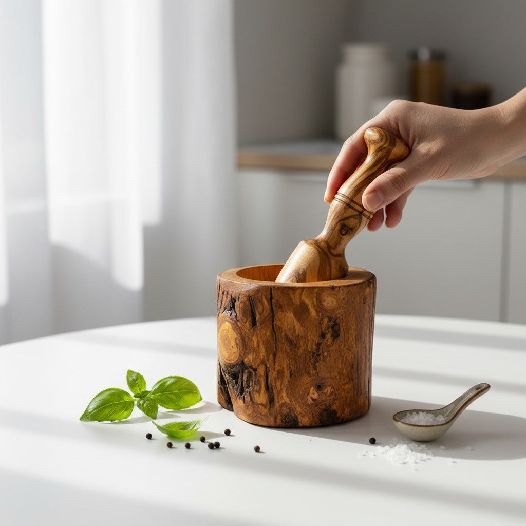 Handmade Olive Wood Burl Mortar and Pestle Set | Rare Cylindrical Spice Herb & Garlic Grinder | Extraordinary Natural Grain | 9–16 cm