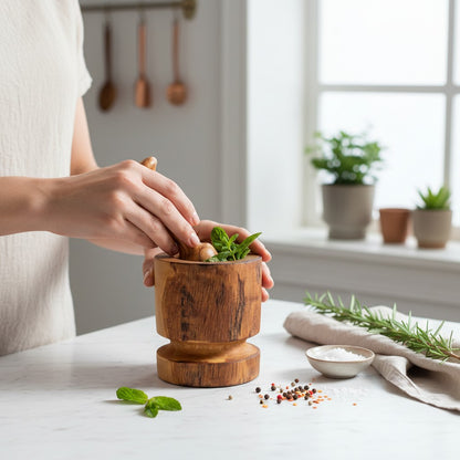 Handmade Olive Wood Burl Mortar and Pestle with Separate Base | Premium Spice Herb Garlic & Pepper Grinder | Rare Natural Grain | 10–16 cm