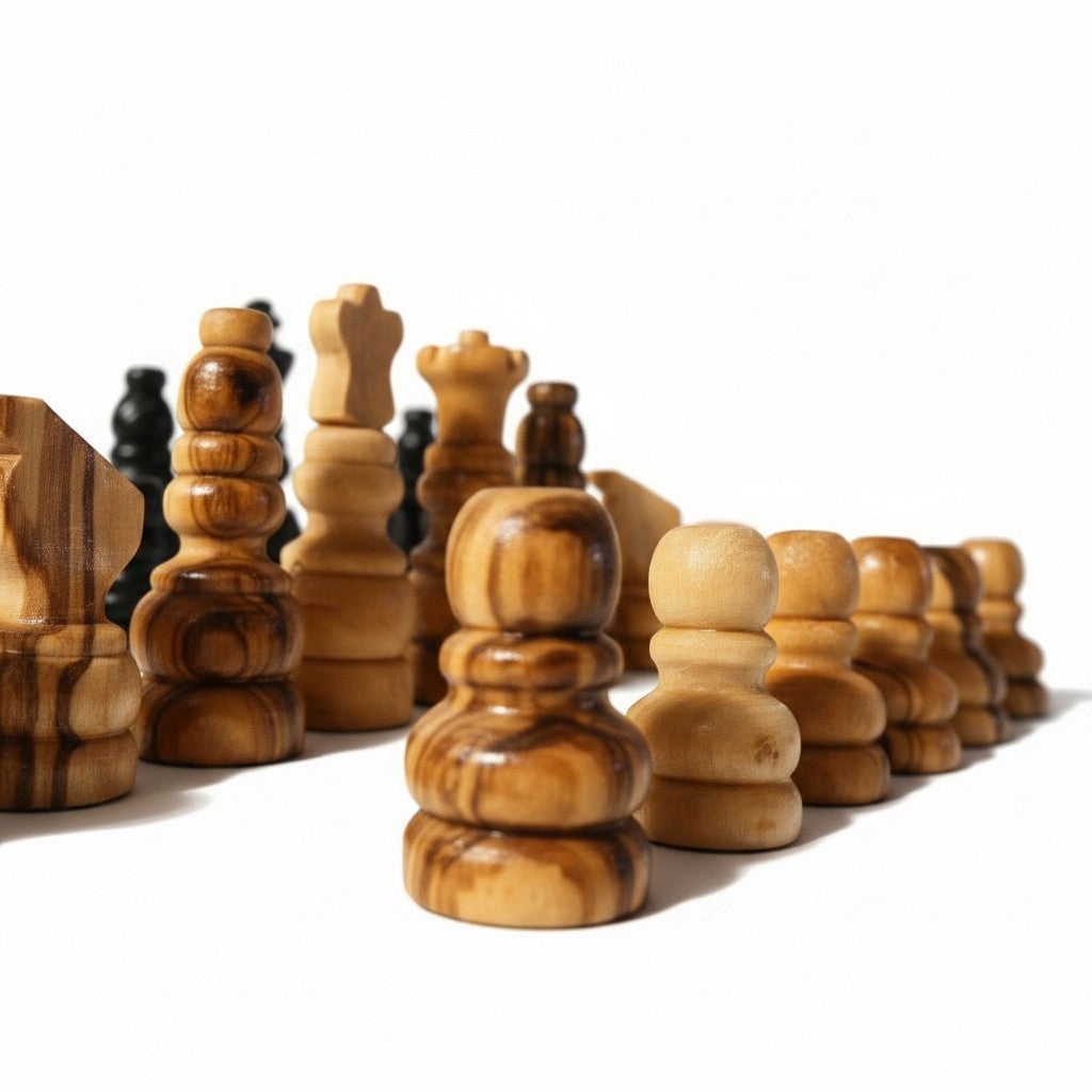 Small Handcrafted Olive Wood Chess Pieces Set of 32 - Premium Chessmen 5.7cm