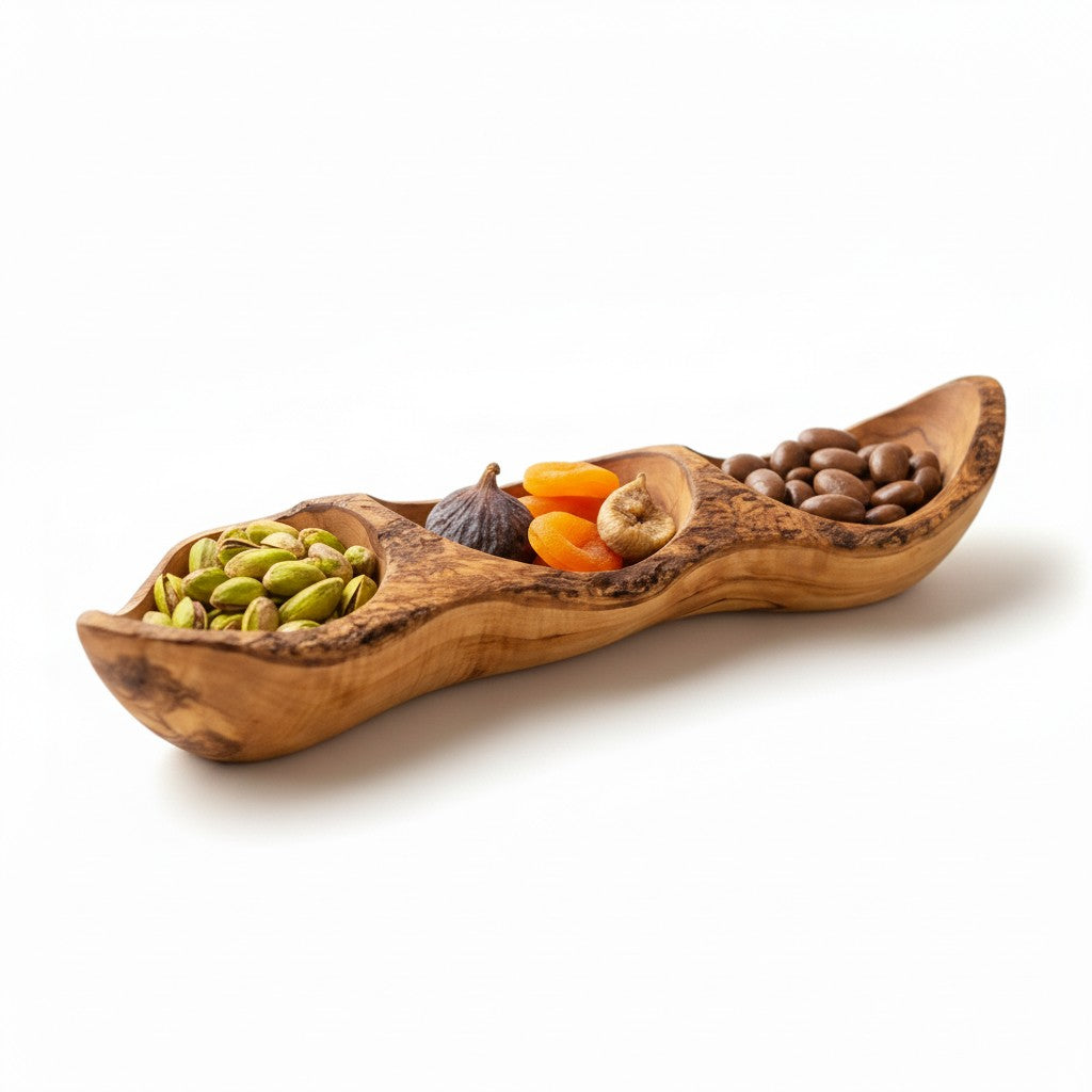 Handcrafted Olive Wood Divided Serving Dish | 2, 3, or 4 Compartment Appetizer Tray | Individual or 3-Piece Set