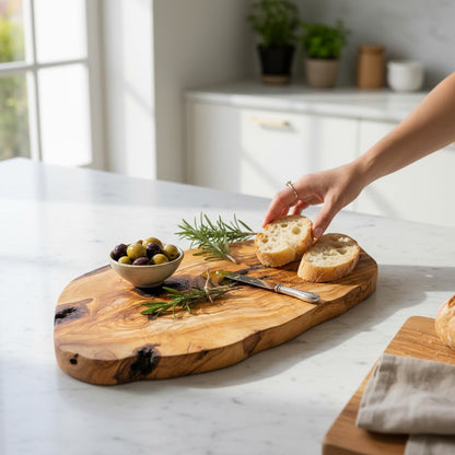 Large Handmade Olive Wood Freeform Serving Board | Extra Large Live Edge Charcuterie & Chopping Board | Unique Grain | 35–60 cm
