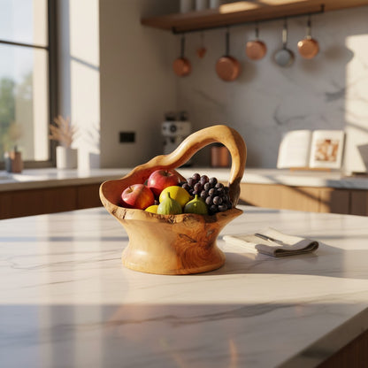 Large Olive Wood Fruit Bowl Basket with Handle 38x24x34cm Rustic Table Centerpiece