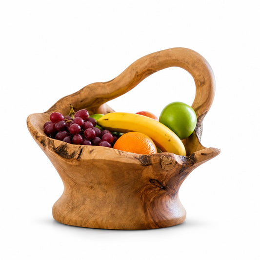 Large Olive Wood Fruit Bowl Basket with Handle 38x24x34cm Rustic Table Centerpiece