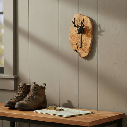 Freeform Olive Wood Stag Head Wall Hook | Luxury Cast Iron Deer Antler Coat Hanger