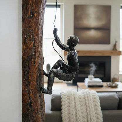Luxury Wood Rock Climber Wall Art | 3D Cast Iron Climbing Man Sculpture