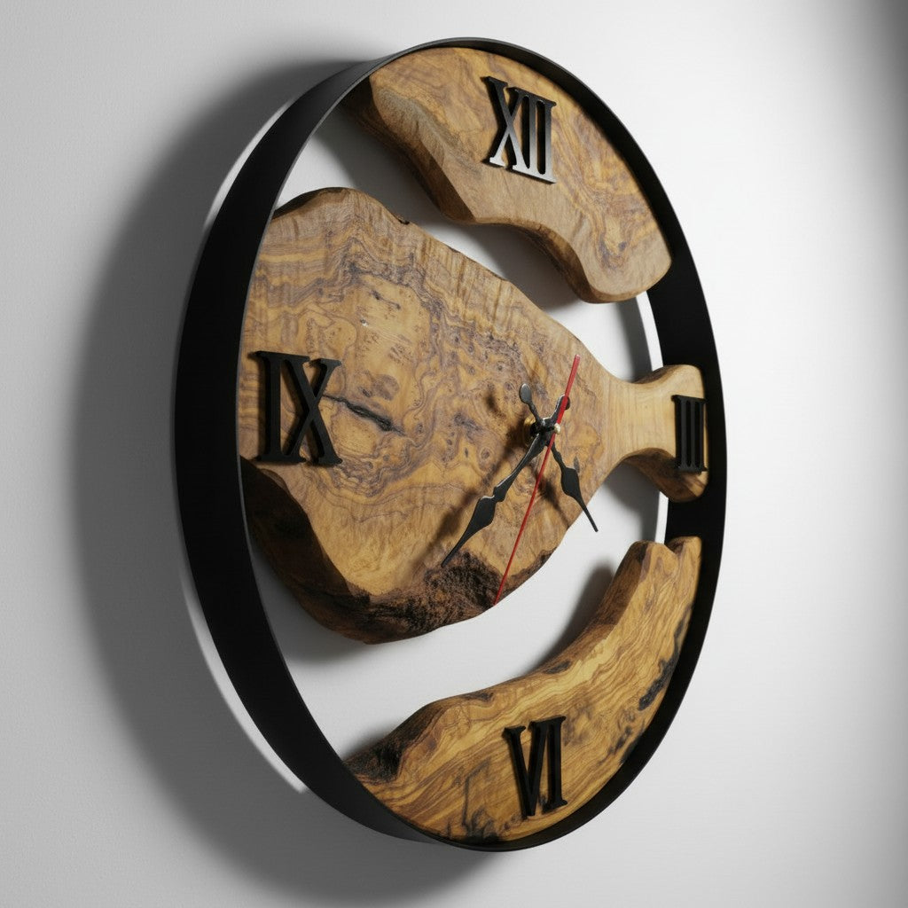 Minimalist Round Olive Wood Wall Clock | Luxury Metal Hoop Statement Clock