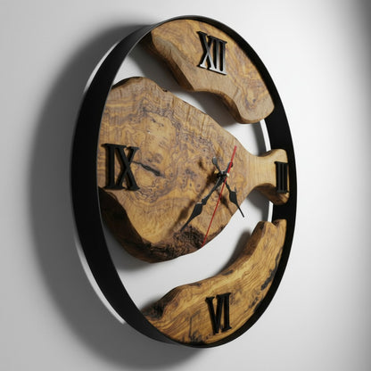 Minimalist Round Olive Wood Wall Clock | Luxury Metal Hoop Statement Clock