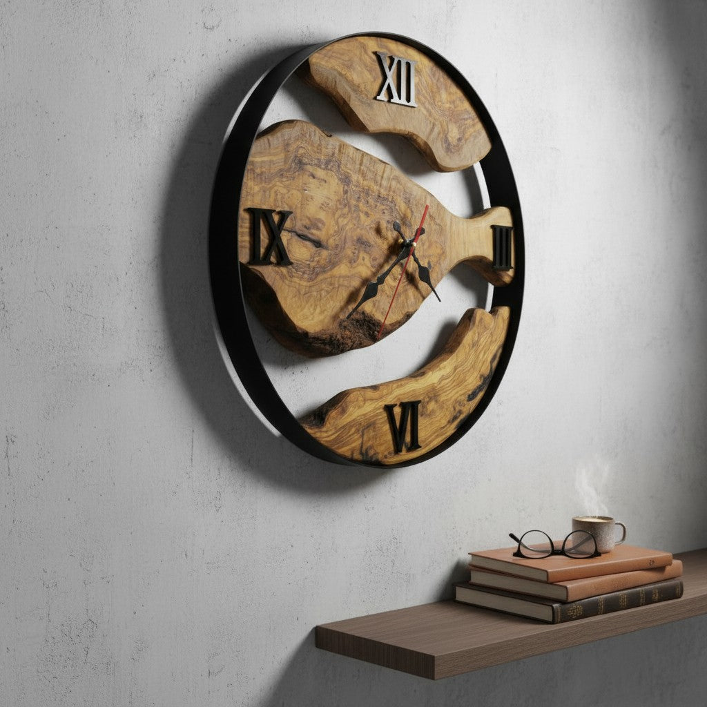 Minimalist Round Olive Wood Wall Clock | Luxury Metal Hoop Statement Clock