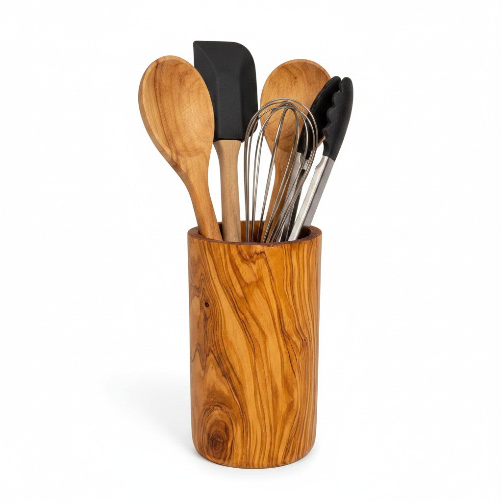 Olive Wood Utensil Holder | Wooden Kitchen Spatula Spoon Crocks Organizer