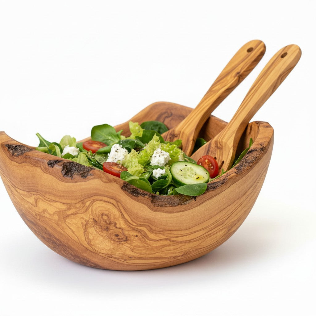Handmade Olive Wood Live Edge Salad Bowl | Deep Freeform Fruit Serving & Mixing Bowl | Unique Natural Bark Edge | 12–38 cm