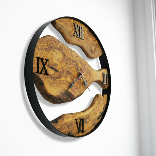 Minimalist Round Olive Wood Wall Clock | Luxury Metal Hoop Statement Clock