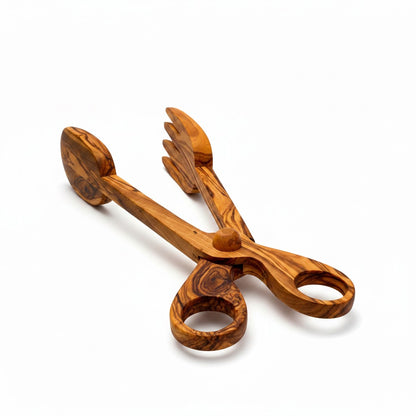 Olive Wood Salad Tongs | Wooden Serving Cooking Scissors Spoon Fork Food Clamps