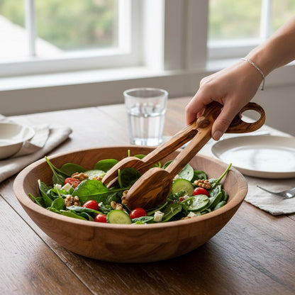 Olive Wood Salad Tongs | Wooden Serving Cooking Scissors Spoon Fork Food Clamps