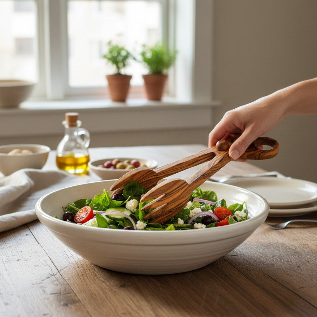 Olive Wood Salad Tongs | Wooden Serving Cooking Scissors Spoon Fork Food Clamps