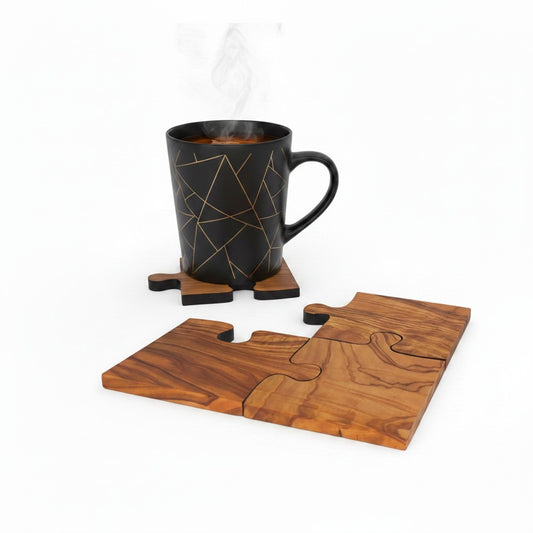 Olive Wood Puzzle Shaped Coasters | Interlocking Wooden Coffee Table Trivet Set