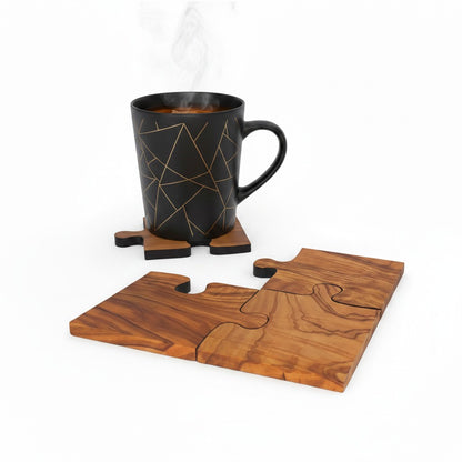 Olive Wood Puzzle Shaped Coasters | Interlocking Wooden Coffee Table Trivet Set
