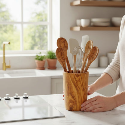 Olive Wood Utensil Holder | Wooden Kitchen Spatula Spoon Crocks Organizer