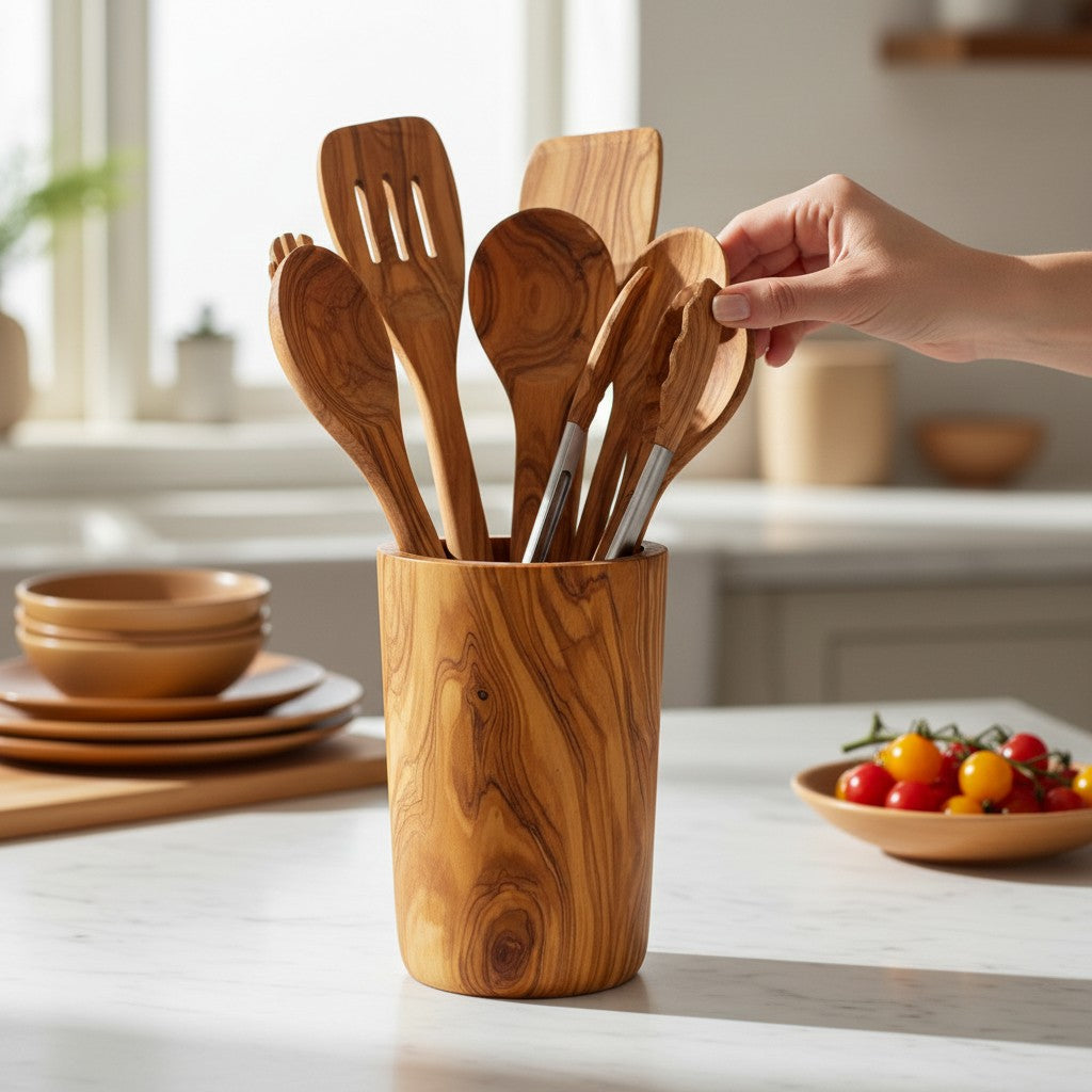 Olive Wood Utensil Holder | Wooden Kitchen Spatula Spoon Crocks Organizer