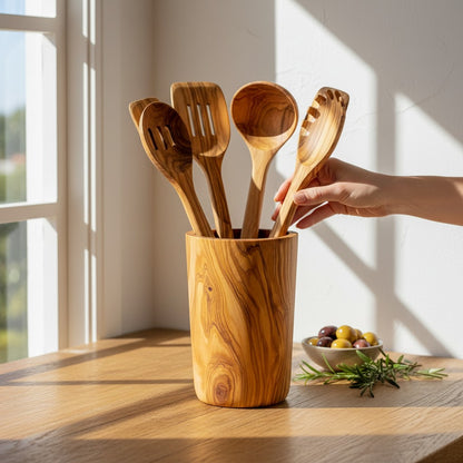Olive Wood Utensil Holder | Wooden Kitchen Spatula Spoon Crocks Organizer
