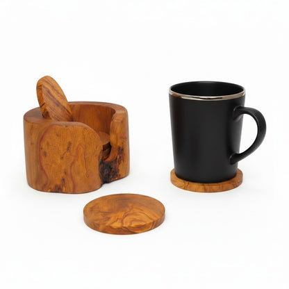 Handcrafted Olive Wood Coaster Set - Rustic Round Drink Coasters with Holder