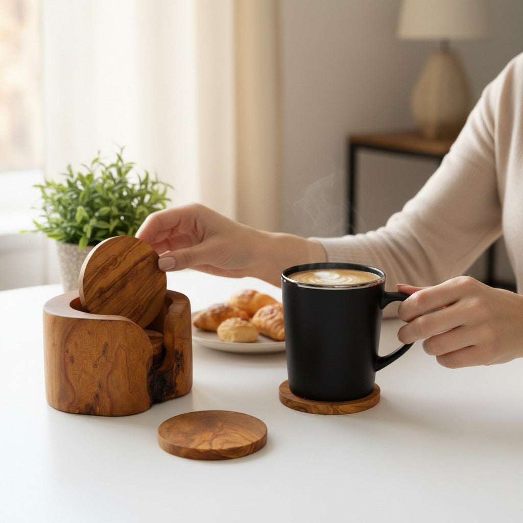 Handcrafted Olive Wood Coaster Set - Rustic Round Drink Coasters with Holder