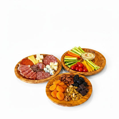 Olive Wood Round Serving Plates Set | 21cm 25cm 28cm Charcuterie Platter Dishes