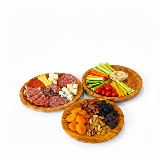 Olive Wood Round Serving Plates Set | 21cm 25cm 28cm Charcuterie Platter Dishes