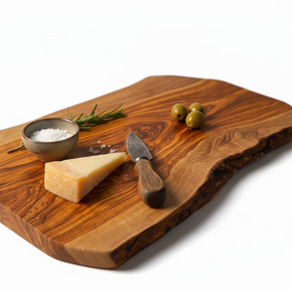Handmade Olive Wood Live Edge Cutting Board — Rustic Charcuterie & Serving Board | Natural Bark Edge | Choose Your Size