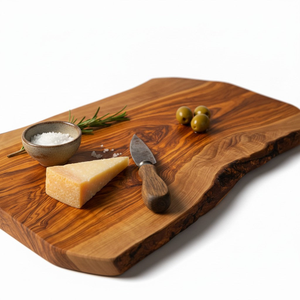 Handmade Olive Wood Live Edge Cutting Board — Rustic Charcuterie & Serving Board | Natural Bark Edge