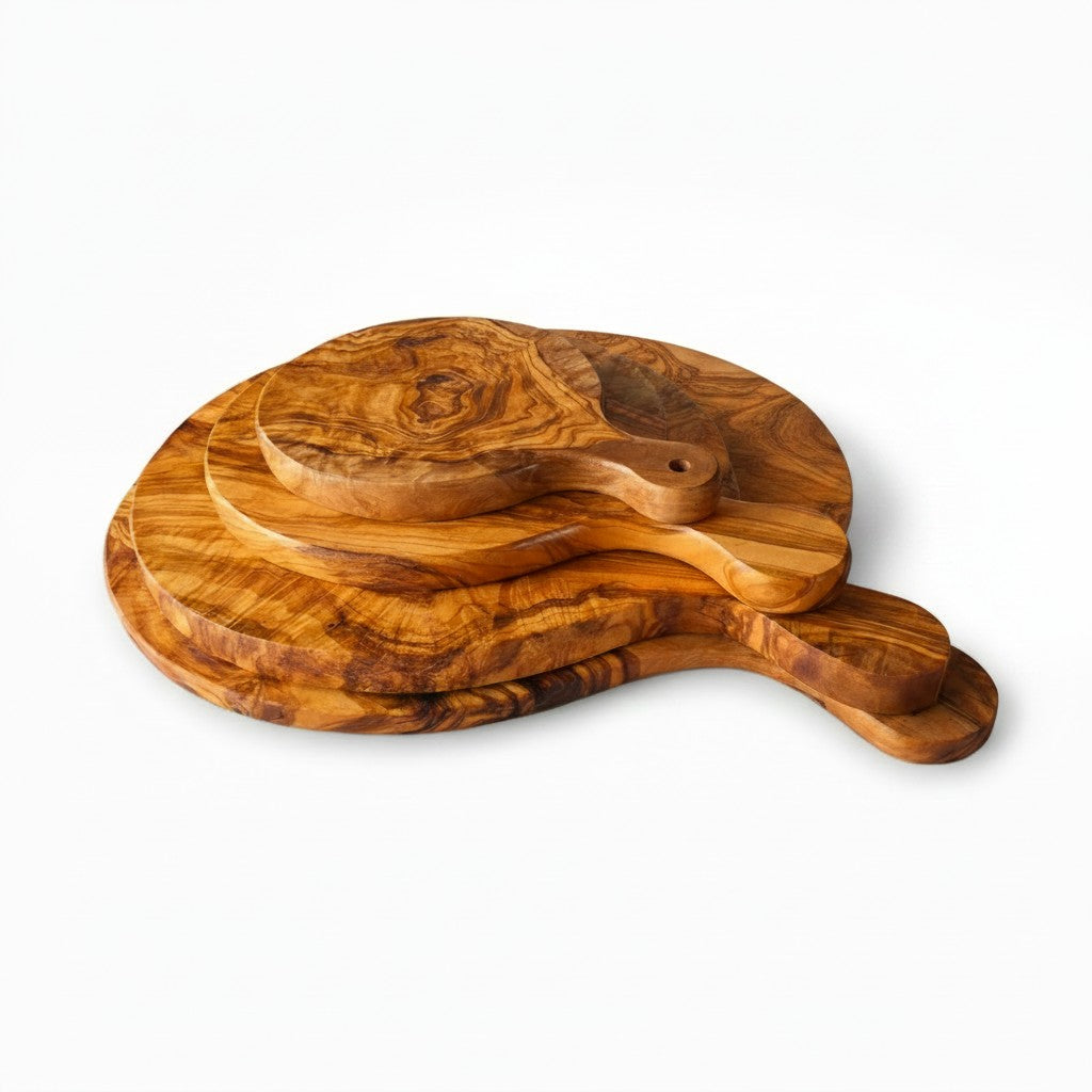 Handmade Olive Wood Round Pizza Board with Handle | Wooden Pizza Serving Paddle & Cheese Board | Natural Grain | 18–35 cm